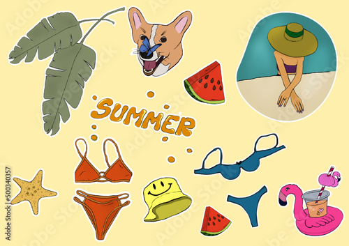 Set of cute vector summer stickers for daily planner. Collection of elements: korgi dog, palms leaves, flamingo, cocktail,watermelon,bikini,beach hat.Tropical vacation.Summertime doodle icons  photo