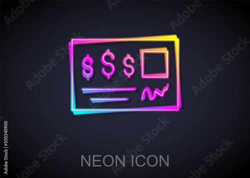 Glowing neon line Blank template of the bank check and pen icon isolated on black background. Checkbook cheque page with empty fields to fill. Vector
