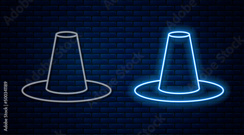 Glowing neon line Traditional korean hat icon isolated on brick wall background. Vector