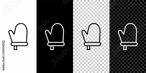 Set line Oven glove icon isolated on black and white, transparent background. Kitchen potholder sign. Cooking glove. Vector