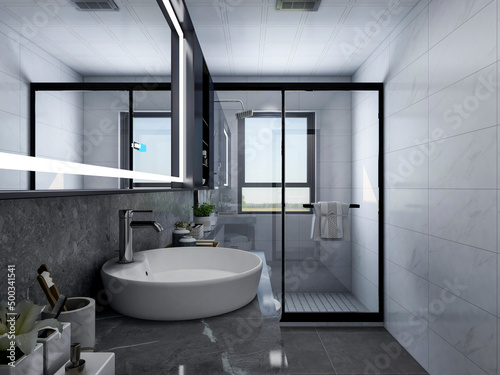 3D rendering Clean modern residential bathroom and toilet design  which is equipped with washstand  toilet and shower equipment  etc.