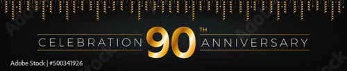 90th anniversary. Ninety years birthday celebration horizontal banner with bright golden color.