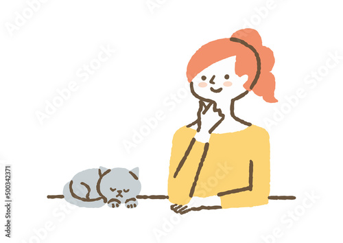 猫と顎に手をあてている女性