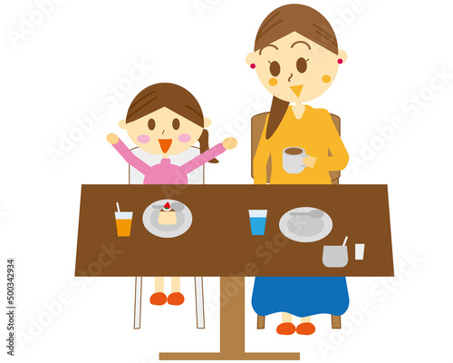 カフェで仲良くお茶する子供と母親、親子2人のイラスト・ティータイム・リフレッシュ・