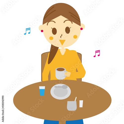 休日に気分転換に珈琲屋さんのカフェでホットコーヒーを飲んでいる女性のイラスト・店内・笑顔