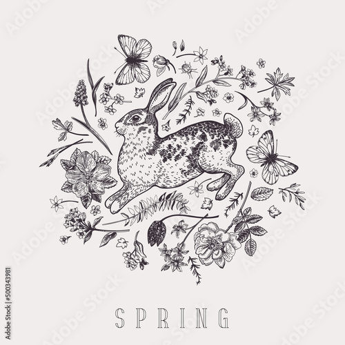 Floral monogram with rabbit