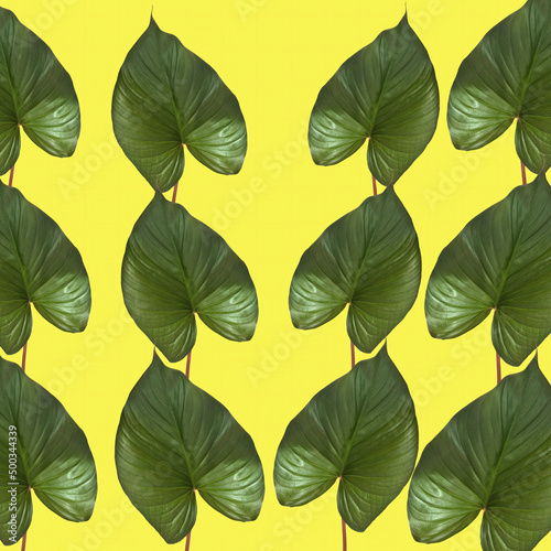 green leaves in a row on yellow background