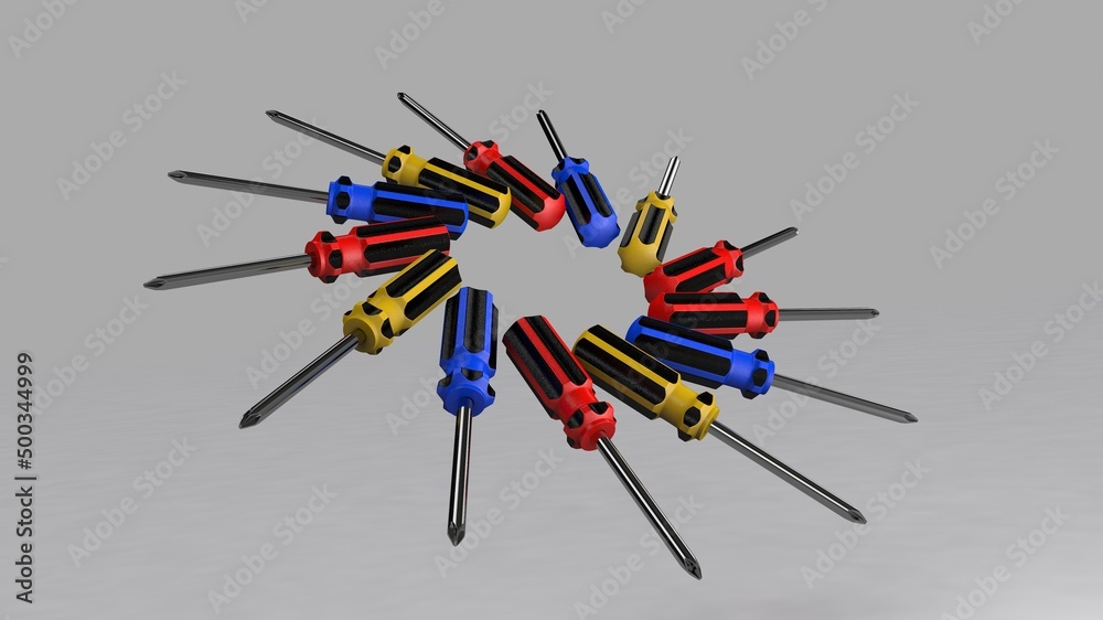 3d illustration. A beautiful view of screwdriver tool on a gray gradient background. 3d illustration. A beautiful view of screwdriver tool on a gray gradient background.