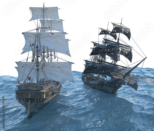 sea battle, sailing pirate ship sailing on the sea 3D render