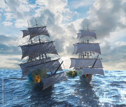 sea battle, sailing pirate ship sailing on the sea 3D render