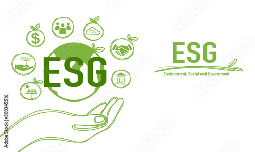 ESG banner web icon for business and organization, Environment, Social, Governance in the sky on green hand