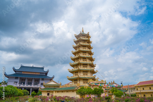 Buddhist Temple in Vietnam - Dai Tong Lam. Beautiful Architecture presbytery temple Dai Tong Lam with so many cloud, which attracts tourists to visit spiritually on weekends in Vung Tau, Vietnam