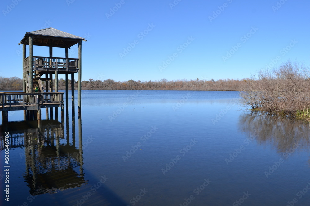 Wooden tower for bird watching on White Lake, Cullinan Park, Houston, Texas
