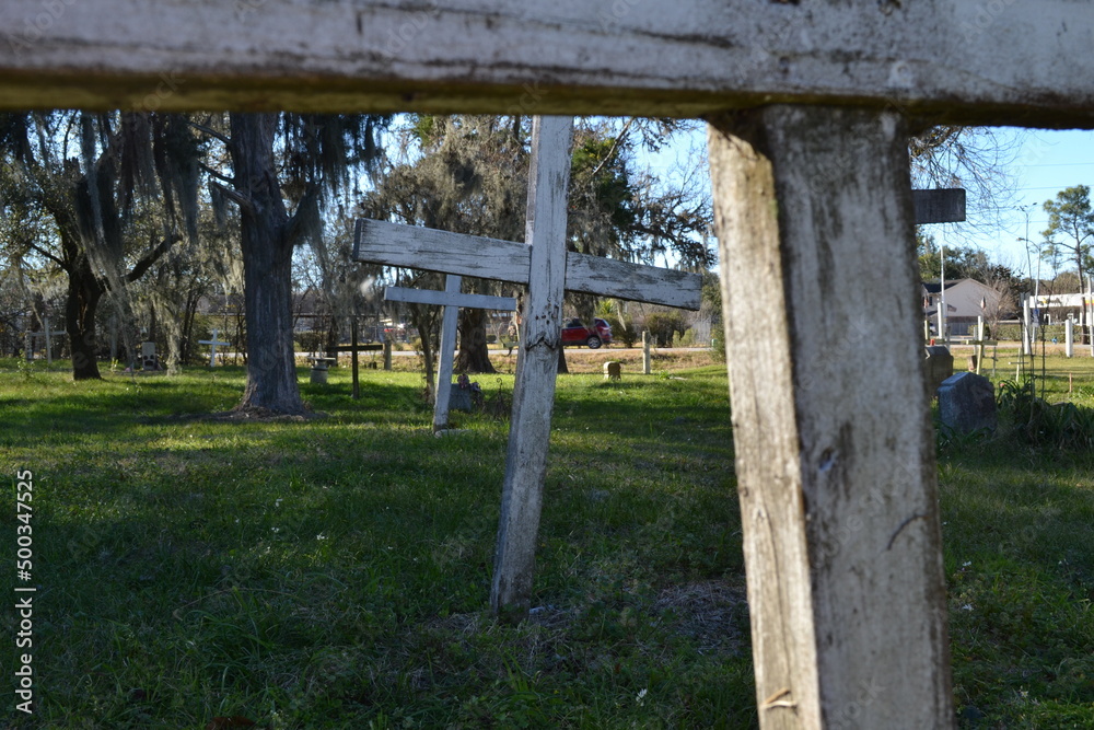 White crosses on the old graves at Hodges Bend Cemetery, Sugar Land, Texas