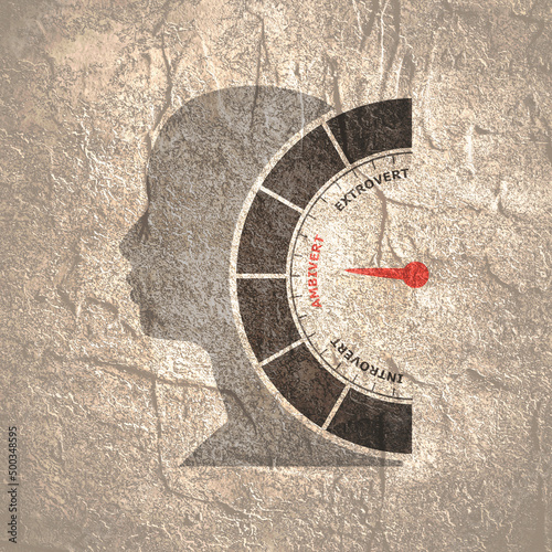Extrovert, ambivert and introvert words with level scale and human head silhouette