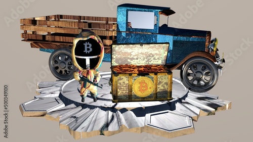 bitcoin guard soldier with a chest full of coins. photo