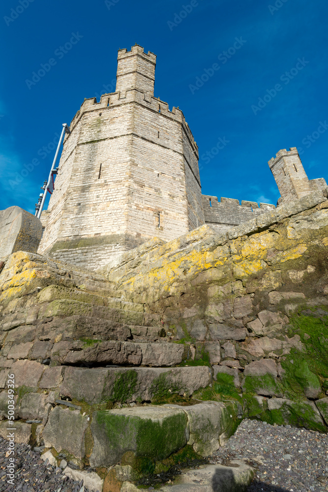 Caernarfon Castle,low angle view of sea wall and steps,from banks of the River Seiont at low tide,Wales,United Kingdom.