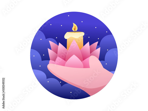 Vesak Illustration With Hand Holding Pink Lotus Flower With Candle At Night.
Can be used for greeting card, postcard, poster, banner, web, etc