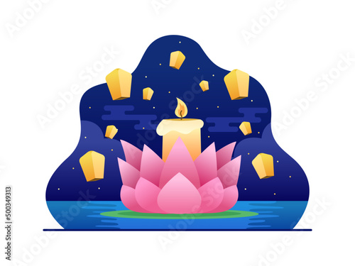 Vesak illustration with lotus flower and candle floating in water. Waisak Illustration with lotus flower, lantern, and light lantern at night. can use for greeting card, post card, web, etc.