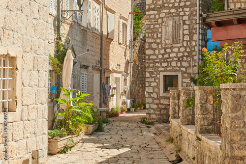 very beautiful narrow streets in Montenegro with rocky houses