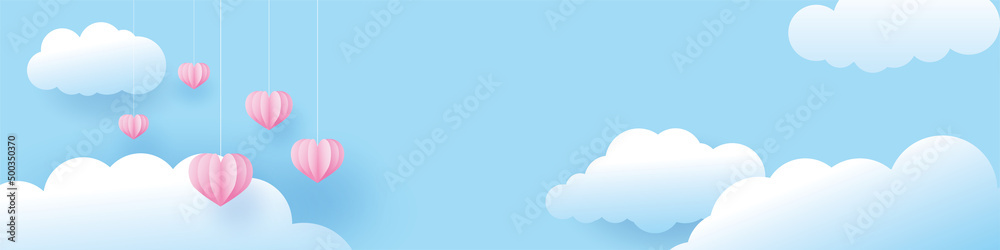 Hearts in the sky with cloud background, Horizontal banner , valentine day , paper art style, vector illustration.