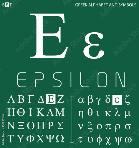 Greek alphabet and symbols, epsilon letter with pronunciation photo