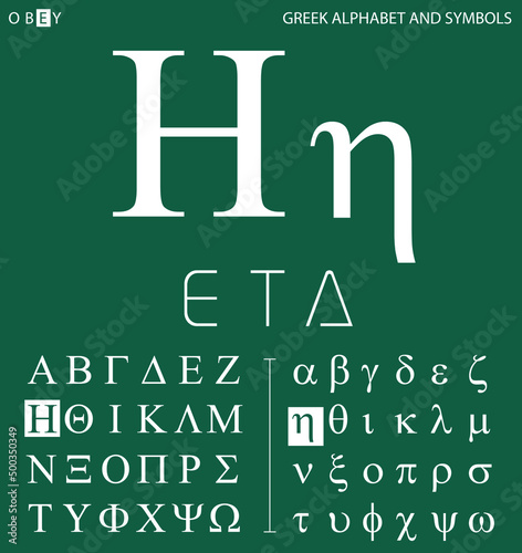 Greek alphabet and symbols, eta letter with pronunciation photo