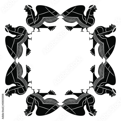 Square animal frame with fantastic ancient Greek birds with female heads. Siren or harpy. Black and white silhouette.