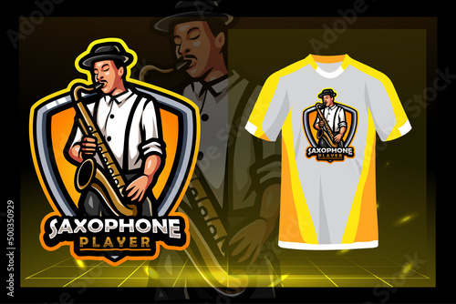 Saxophone player mascot. esport logo design