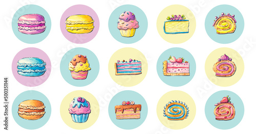 Sweets, desserts, a piece of cake on a colored background. Watercolor illustration. A set of icons for social networks.