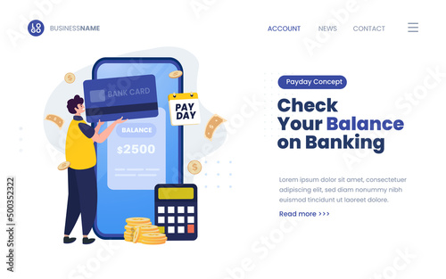 Payday illustration with a man checking bank balance