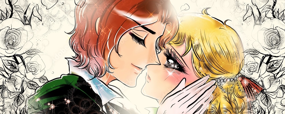 70年代少女漫画かっこいい王子様に急接近キスされる金髪縦ロールのお姫様イラストと薔薇背景 Stock Illustration Adobe Stock
