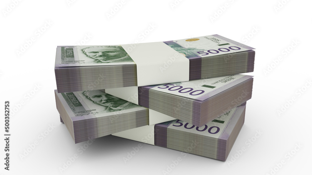 3d rendering of Stack of Serbian dinar notes. Few bundles of Serbian currency isolated on white background 3d rendering of Stack of Serbian dinar notes. Few bundles of Serbian currency isolated on white background