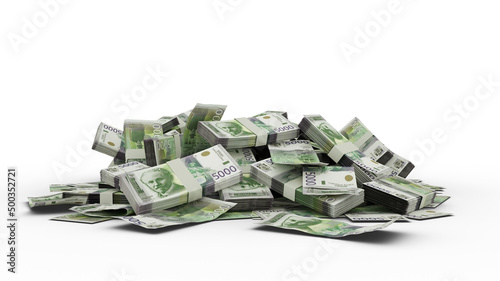 3D Rendering of Stack of Serbian dinar notes isolated on white background. Bundles of dinar notes