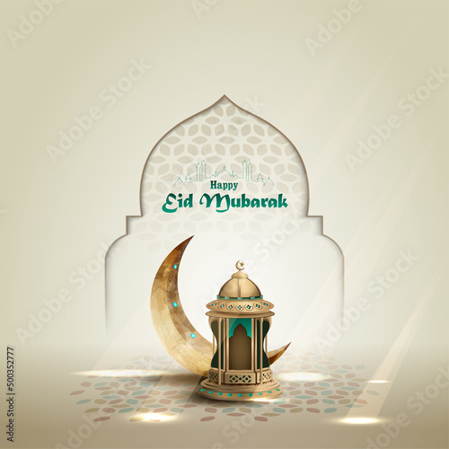 Islamic greetings eid mubarak card design with lantern and crescent