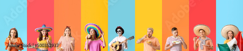 Group of young Mexican people on color background with space for text