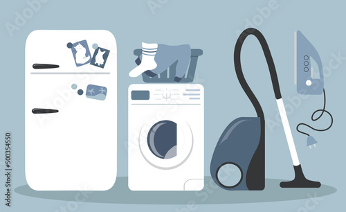 vector illustration in flat style - household appliances - refrigerator, iron, washing machine and vacuum cleaner