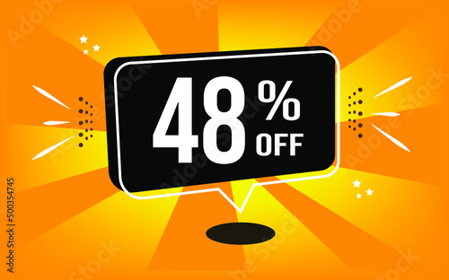 48% off. Orange banner with black balloon and special buy and sell offer