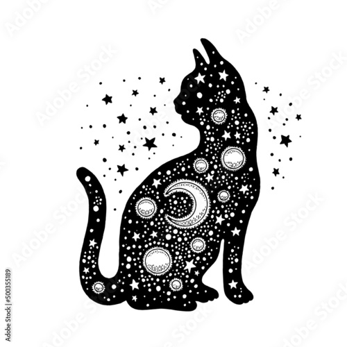Black cat. Witch halloween magic vector. Mystic cat icon silhouette. Animal illustration with moon, star on black background. Gothic or boho tattoo, print, logo. Cute sketch with mystic cosmos element