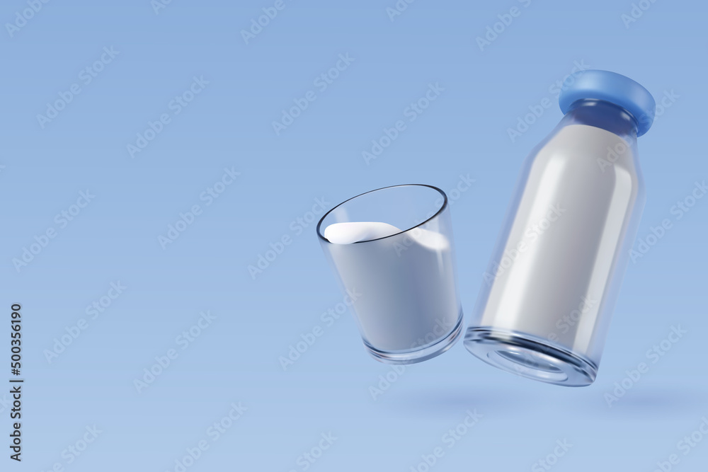 3d Vector High calcium and low sugar milk bottle and glass on blue, healthy drink concept 3d Vector High calcium and low sugar milk bottle and glass on blue, healthy drink concept