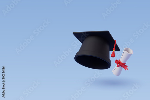 3d Vector Graduate cap with diploma on blue, student and education concept.