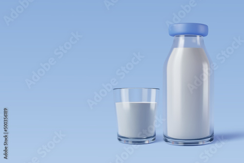 3d Vector High calcium and low sugar milk bottle and glass on blue, healthy drink concept