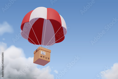 Brown parcel cardboard box with parachute, online delivery service or shipping and global logistic concept, quick and fast cargo shipment.