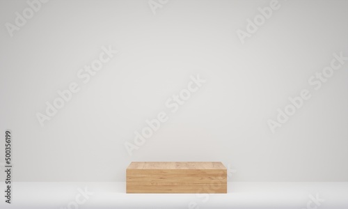 Wood geometry pedestal for display. Empty product stand with a geometrical shape. minimal style. 3d render illustration.