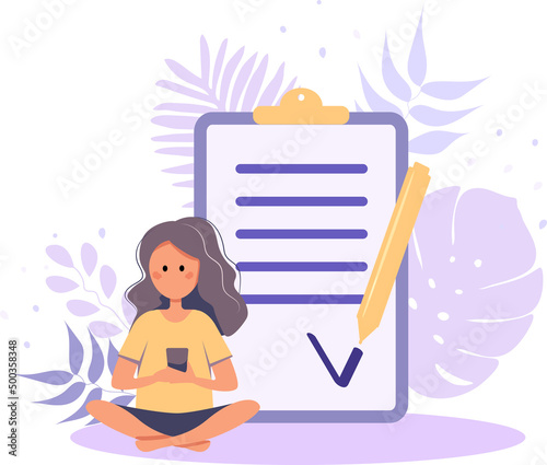 Business woman check on clipboard checklist. Metaphor survey, schedule planning work. Office Strategy banner. Startup modern graphic design poster. People flat color creative vector illustration