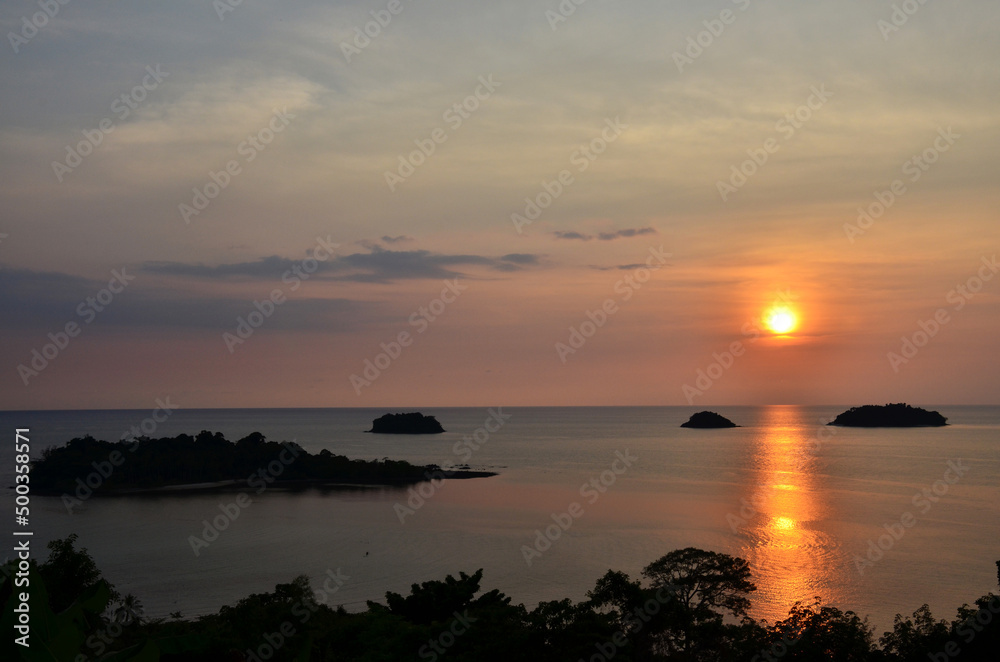 View landscape seascape and sky cloudscape in sea ocean gulf of thailand at sunset dusk time for thai people foreign traveler travel visit rest relax at viewpoint of Koh Chang island in Trat, Thailand
