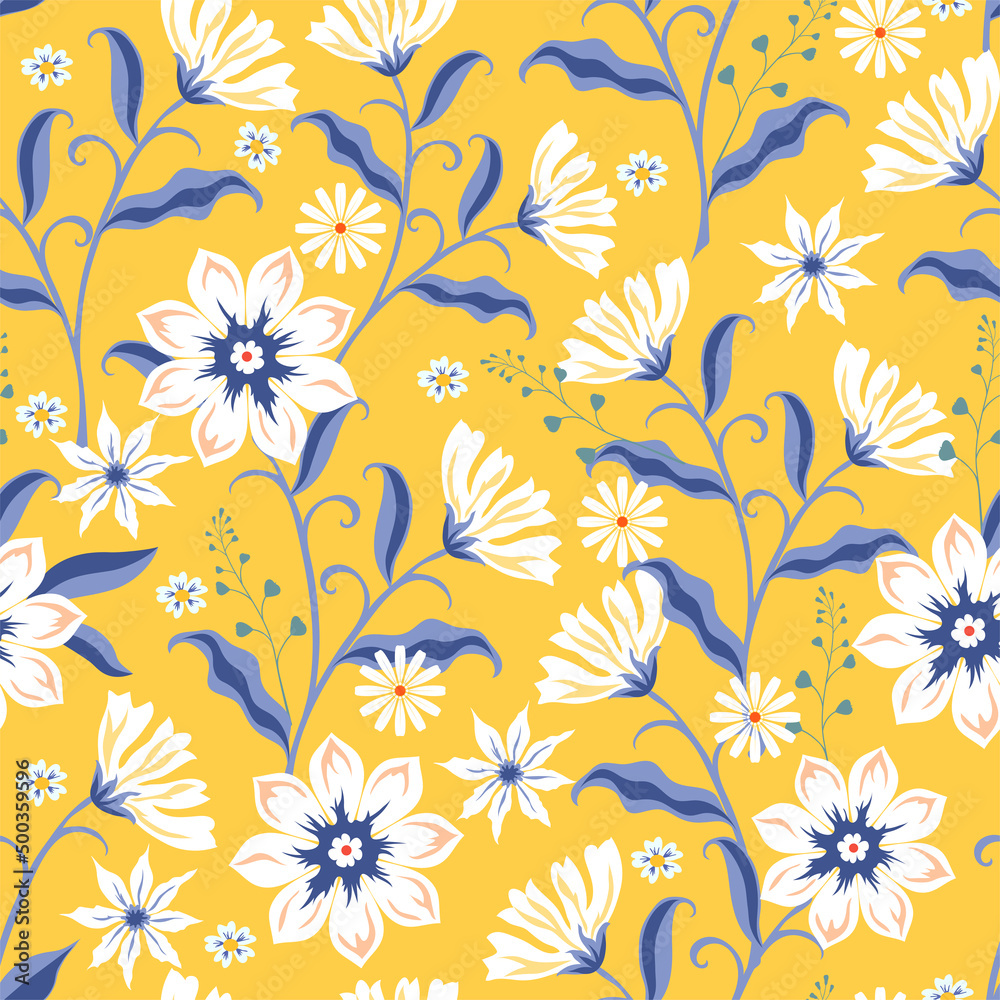 Floral seamless background. Various flowers on a yellow background.
