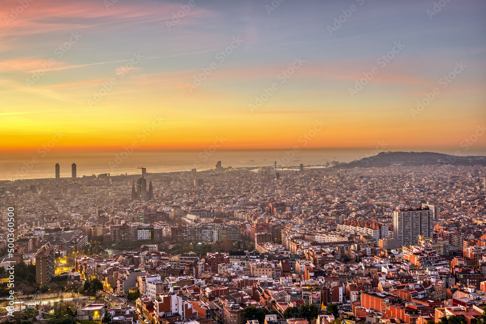 Naklejka premium View of Barcelona in Spain just before sunrise