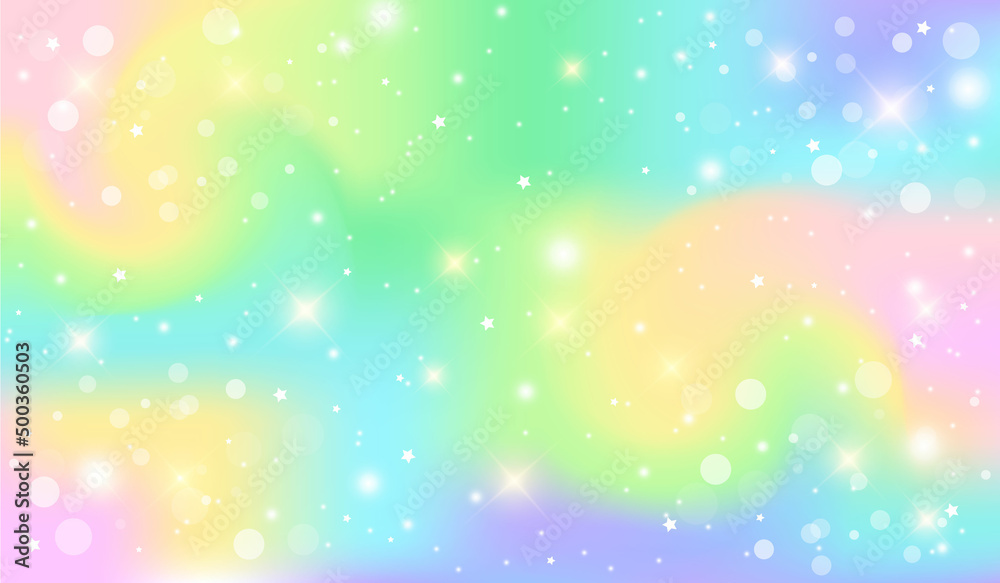 Holographic fantasy rainbow background. Abstract unicorn sky with stars. Magical landscape, abstract magic pattern. Vector
