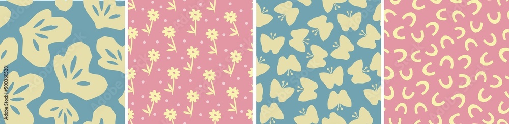 Set of floral vector seamless patterns. Bright abstract background Set of floral vector seamless patterns. Bright abstract background